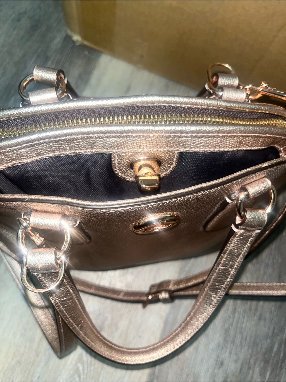 Coach Prince Street Mini Satchel in rose gold metallic leather. Turn lock. - Picture 7 of 17